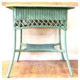 Vintage green wicker wood top table see pics