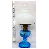 Vintage blue base oil lamp w/ milk glass shade