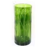 Vntg 10in green cylinder vase w/ etched trees