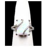 Sterling emerald cut fire opal ring, lab created