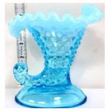 Fenton 5in blue opalescent hobnail cornucopia vase