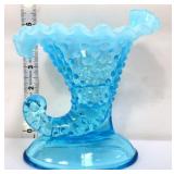 Fenton 5in blue opalescent hobnail cornucopia vase