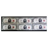 Lot of 6 red seal $5 notes