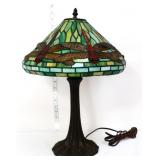 Metal base leaded glass lamp w/ dragonfly shade