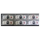 Lot of 6 red seal $5 notes