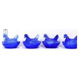 Lot of 4 miniature blue marble hens on nest