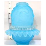 Fenton blue satin embossed rose fairy lamp