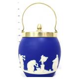 Vntg English Adams blue jasperware biscuit jar