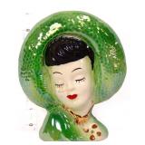 Vntg 7in lady head wall pocket in green hat