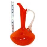 Vntg orange crackle 11in ewer w/ clear handle