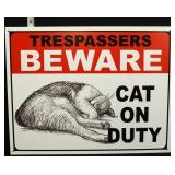 Metal Beware Cat On Duty sign