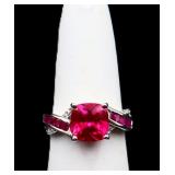 Sterling square cut ruby ring, lab created