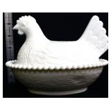 Vintage inspired milk glass 7in hen on nest