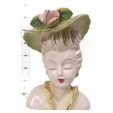 Vntg 6in lady head vase w/ green hat