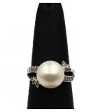 Sterling white sapphire & pearl ring, lab created