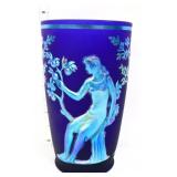 Fenton blue favrene seasons 8in vase