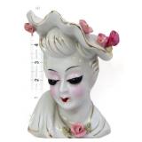 Vntg 5in white lady head vase w/ roses see pics