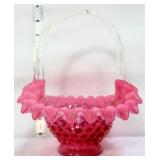 Fenton cranberry opalescent hobnail basket, as is