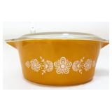 Vntg Pyrex butterfly gold dish w/ lid, lid chip