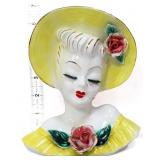 Vtg 6in lady head wall pocket, yellow hat see pics