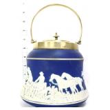 Vntg English Adams blue jasperware biscuit jar