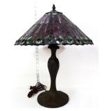 Metal base peacock shade leaded glass lamp
