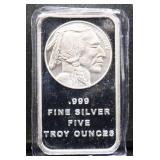 5 troy ounce Indian face silver bar