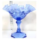 Fenton 6in blue opalescent cabbage rose compote