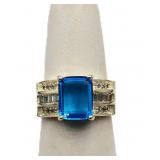 Emerald cut blue topaz ring, lab created