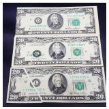 Lot of 3 1980s $20 misprint notes