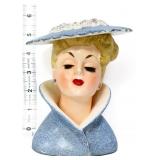 Vtg 6in lady head vase, blue hat, see photos