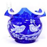 Fenton cobalt snowcrest lovebirds 4in bowl