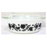Vntg Pyrex black tulip #043 promo dish w/ lid