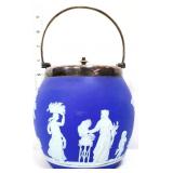 Vntg English blue jasper biscuit jar