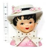 Vintage 5in Relpo lady head vase w/ white hat