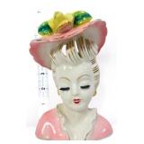 Vntg 6.5in lady head vase w/ pink hat