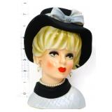 Vintage 7in Napco lady head vase w/ black hat