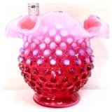 Fenton cranberry opalescent hobnail 4in vase