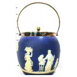 Vntg English blue jasperware biscuit jar