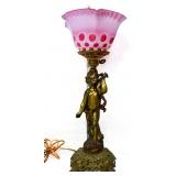 Vtg brass figural lamp w/ cranberry coin dot shade