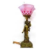 Vtg brass figural lamp w/ cranberry coin dot shade