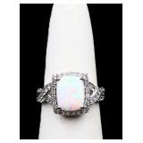 Sterling emerald cut fire opal ring, lab created