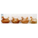 Lot of 4 miniature amber swirl hens on nest