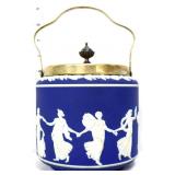 Vntg English Adams blue jasperware biscuit jar