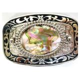 Metal belt buckle w/ mother of pearl style center