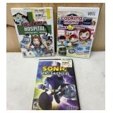 3 Wii Games- Cooking Mama, Sonic Unleashed