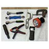 Assortment of Tools- Clamps, Knife, Light