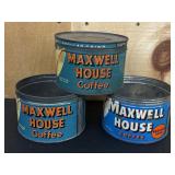 3 Maxwell House 1 Pound Coffee Tins