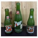 3 Green Glass 7 Up Bottles
