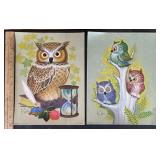 2- 1973 Owl Lithograph Prints by K. Chin